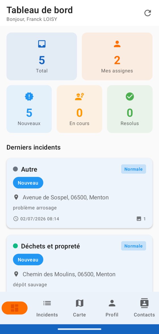 Tableau de bord de l'application agents UrbaFix