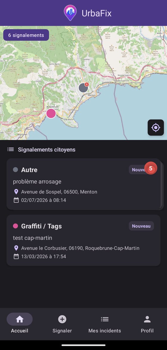 Carte des signalements citoyens dans l'application UrbaFix